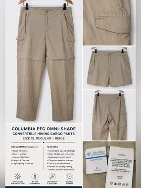 Columbia PFG Pants Mens XL 32L Khaki Convertible Zip Off Cargo Insect Blocker